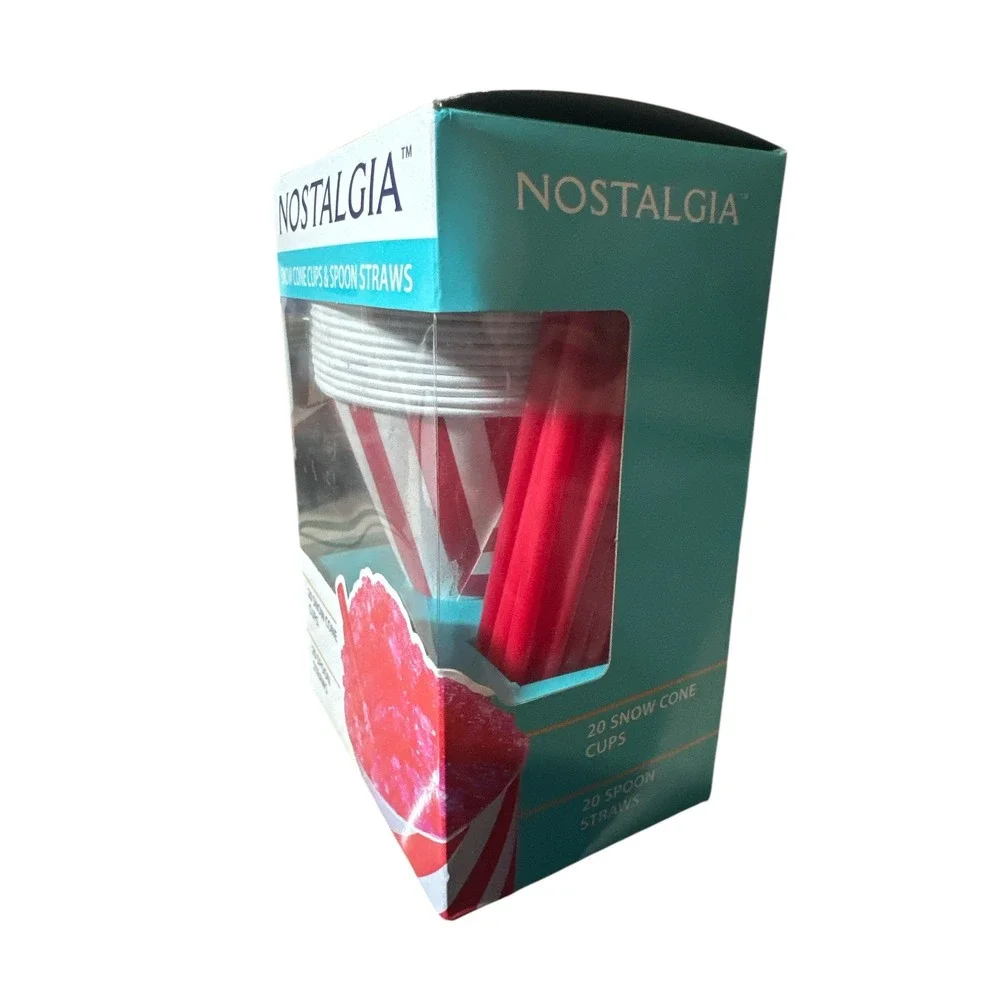 Nostalgia Snow Cone Cups x‎ 20 & Spoon Straws x 20 Shaved Ice New in Sealed Box